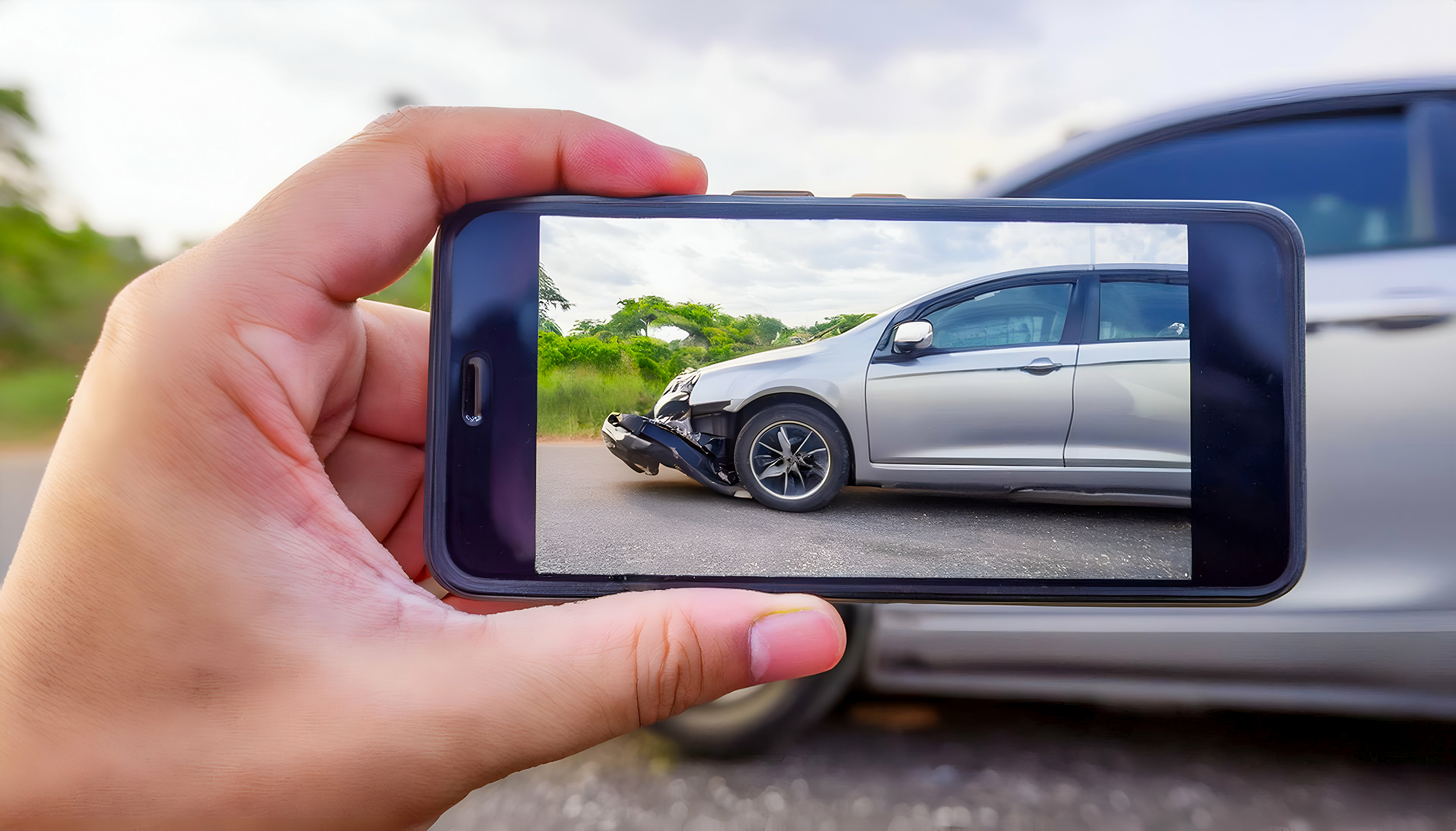 Woman Taking Photo of Crashed Car