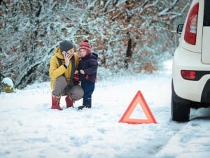 Mother, Child by Car in Winter