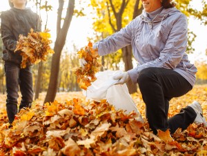 Mother, Son Bagging Leaves